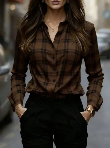 Damen Vintage Karo Hemd Langarm Umlegekragen Einreihig Lässig Pendeln Polyester Bluse Top