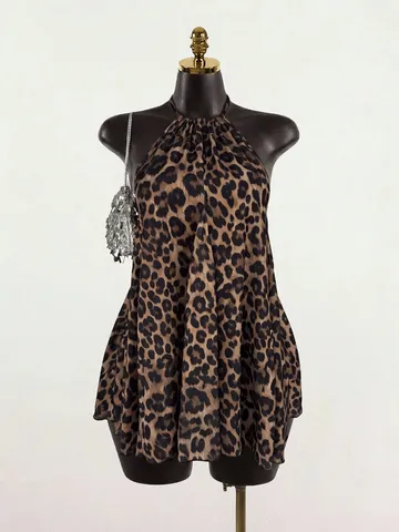 Women Halter Backless Leopard Print Top Sexy Cropped Sleeveless Polyester Pleated Texture Western Style Vacation Beachwear