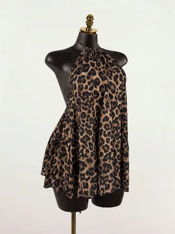 Women Halter Backless Leopard Print Top Sexy Cropped Sleeveless Polyester Pleated Texture Western Style Vacation Beachwear