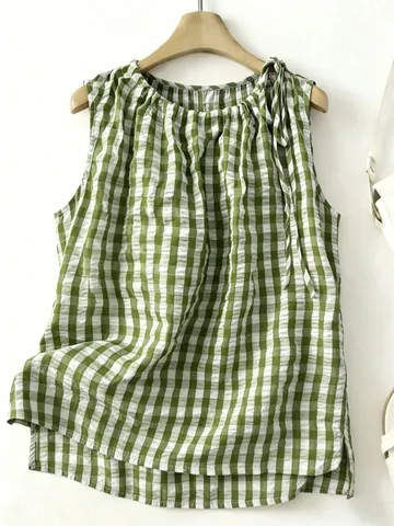 Women Plaid Sleeveless Shirt Mori Style Round Neck A-Line Loose Casual Blouse Top Green Digital Printed Polyester Top