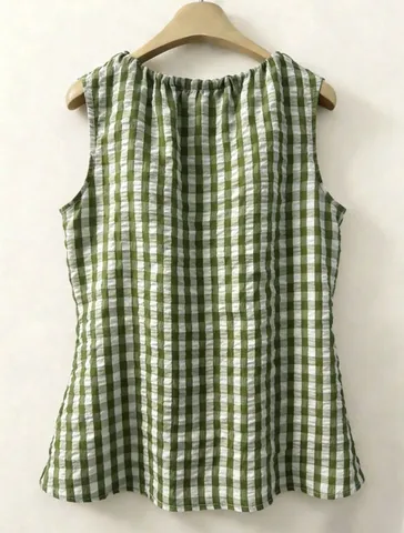 Women Plaid Sleeveless Shirt Mori Style Round Neck A-Line Loose Casual Blouse Top Green Digital Printed Polyester Top
