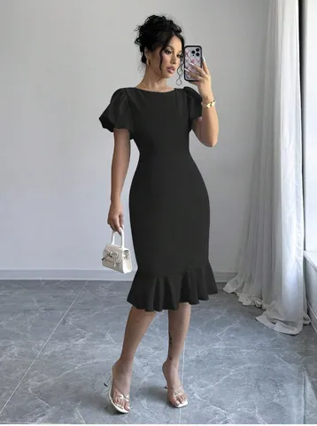 Elegantes Damen Slim Fit Midi Kleid Mit Meerjungfrau Saum Puffärmel Rundhals Einfarbig Bodycon Pullover Kleid Für Bankett