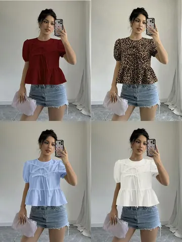Damen Schößchen Top Puff Kurzarm Bindedetail Rundhalsausschnitt Leopardenmuster Lässige Bluse Sommer Urlaub Polyester Hemd