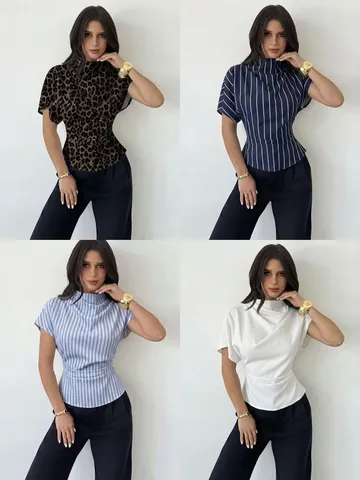 Damen Schlanke Passform Flatterärmel Bluse Lässig Leopardenmuster Gestreift Bedruckt Top Mit Reißverschluss Sommer Hemd