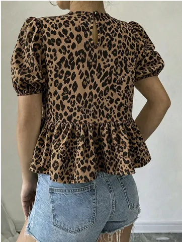 Damen Schößchen Top Puff Kurzarm Bindedetail Rundhalsausschnitt Leopardenmuster Lässige Bluse Sommer Urlaub Polyester Hemd