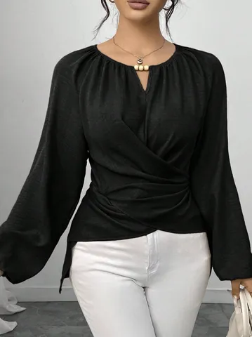 Damen Casual Einfarbig Unregelmäßiger Saum Langarm Bluse V-Ausschnitt Elegantes Pendler Oberteil