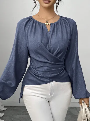 Damen Casual Einfarbig Unregelmäßiger Saum Langarm Bluse V-Ausschnitt Elegantes Pendler Oberteil
