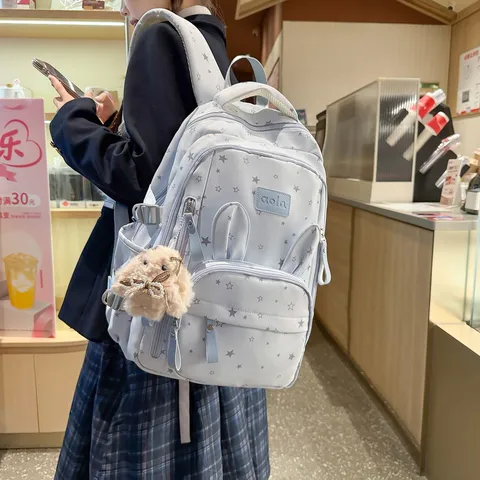 Large Capacity Cute Cartoon Student School Backpack Nylon Waterproof Star Print Travel Bookbag With Pendant For Girls
