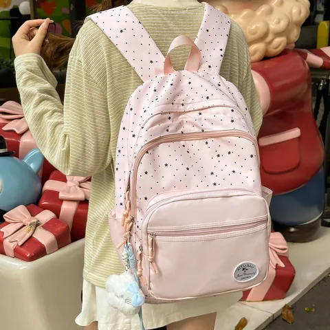 Japanese Sweet Style Star Print Student Backpack Casual Waterproof Nylon School Bag With Multi-Pocket Teen Girls Bookbag