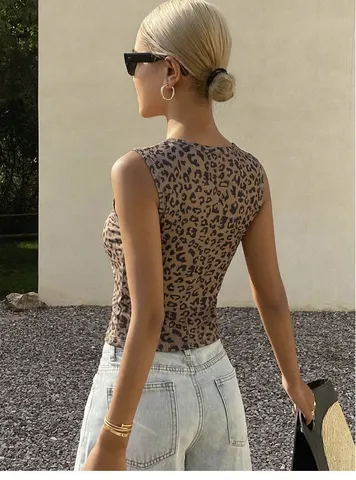 Débardeur Sexy pour Femme Imprimé Léopard Col Carré Coupe Slim Tricot Côtelé Larges Bretelles Rétro Gilet Sans Manches Top Été