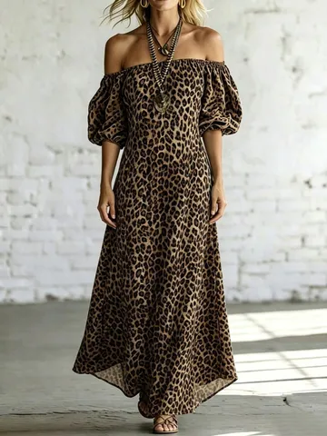 Damen Schulterfrei Puffärmel Maxi Kleid Elegant Polyester Bedruckt A-Linie Großer Schwung Urlaub Strand Party Langes Kleid