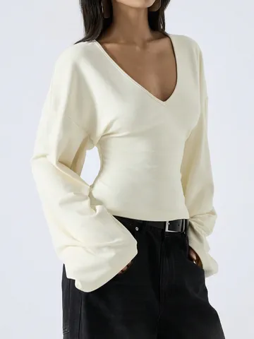 Damen V-Ausschnitt Ausgestellter Ärmel Hemd Einfarbig Überschnittene Schulter Top Büro Dame Lässig Schlanke Passform Polyester Bluse Langarm Pullover