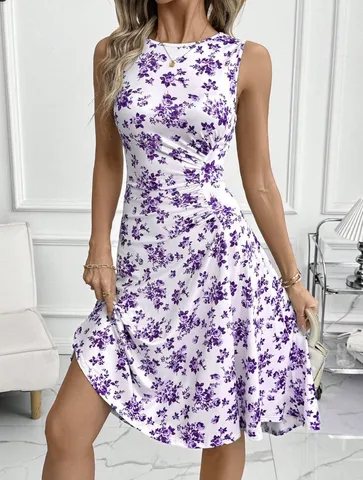 Damen Casual Elegantes Ärmelloses Midi Kleid Hohe Taille Schmale Passform Blumen Bedruckt Polyester Sommer Strand Urlaub Kleid