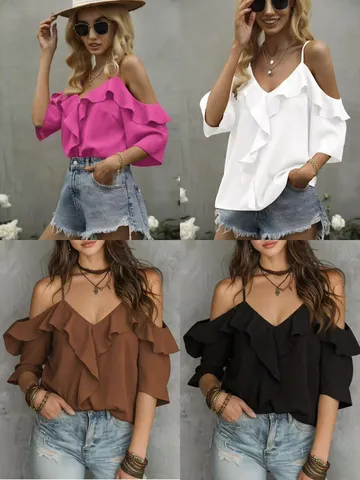 Damen Casual Schulterfrei Rüsche V-Ausschnitt Bluse Elegante Lange Trompetenärmel Lose Urlaub Sommer Top