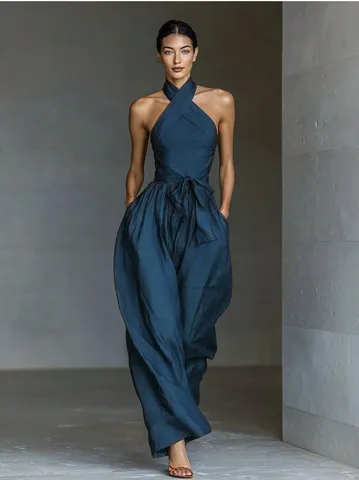Damen Überkreuzter Halfter Rückenfreier Jumpsuit Casual Urlaub Hohe Taille Zum Binden Weite Beine Lange Hosen Elegant