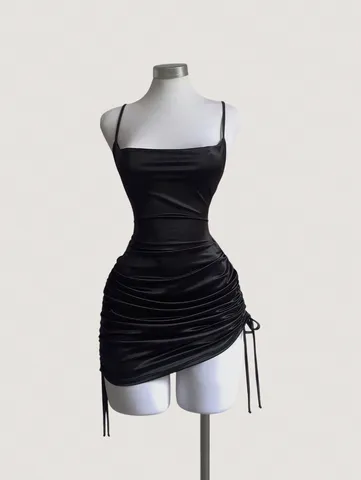 Damen Satin Bodycon Minikleid Eckiger Ausschnitt Rückenloses Gerafftes Kordelzug Sexy Party Clubwear Einfarbig Ärmelloses Kleid