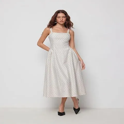 Französischer Retro Quadratischer Ausschnitt Punkte Slip Langes Kleid Für Damen Hohe Taille A-Linie Elegantes Lässiges Maxikleid