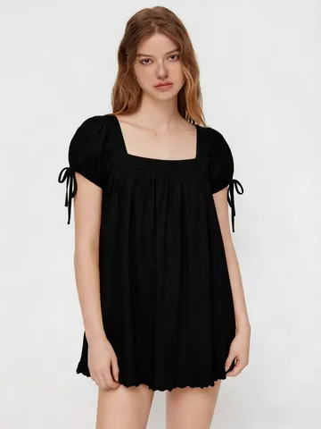 Women's Casual Loose Ruffled Hem Sweet Short Sleeve Blouse Square Collar Puff Sleeve Lace Up Baby Doll Shirt Top