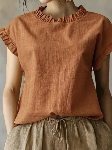 Damen Casual Kurzarm Bluse Rüschenkragen Einfarbig Lockere Passform Oberteil