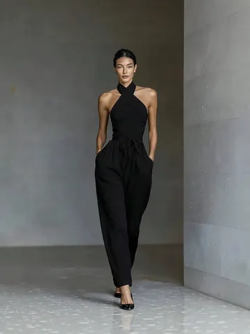 Damen Überkreuzter Halfter Rückenfreier Jumpsuit Casual Urlaub Hohe Taille Zum Binden Weite Beine Lange Hosen Elegant