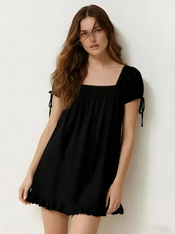 Women's Casual Loose Ruffled Hem Sweet Short Sleeve Blouse Square Collar Puff Sleeve Lace Up Baby Doll Shirt Top