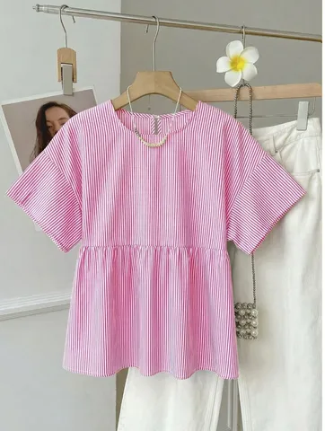 Damen Casual Polyester Gestreift Kurzarm Bluse Bequeme Llose Passform Pendler Top Elegantes Alltägliches Pullover Hemd