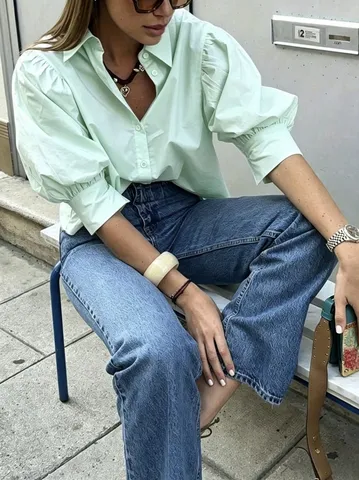 Damen Casual Französischer Stil Puffärmel Hemd Einfarbig Umlegekragen Lose Halbarm Pendler Top
