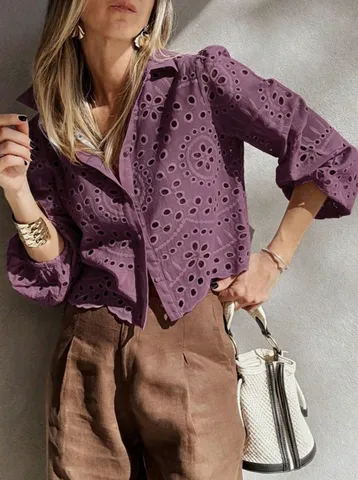 Damen Casual Durchbrochen Besticktes Kurzarmshirt Französischer Pastoraler Urlaubs Cardigan Atmungsaktives Puffärmel Top