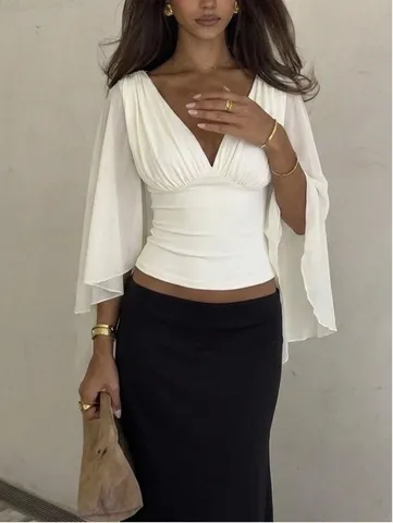 Damen Französisch Tief V Fliege Ärmel Einfarbig Bluse Elegant Schmal Taille Schlank Kurz Lässig Top