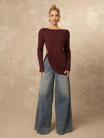 Damen Casual Einheitsfarbe Langarm Bluse Slim Fit U-Ausschnitt Metalldekor Elegantes Pendler Top