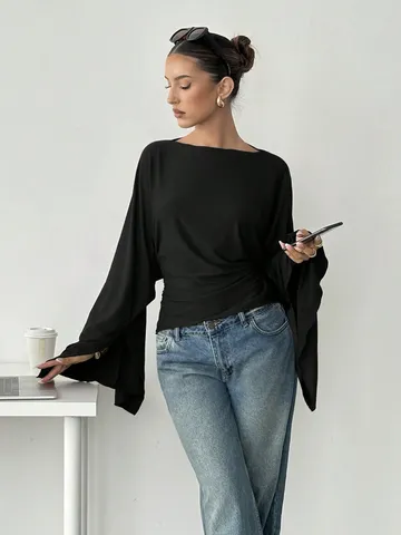 Damen Casual Minimalistisch Einfarbig Langarm Trompetenärmel Bluse Slim Fit Pendeln Rundhals Polyester Hemd