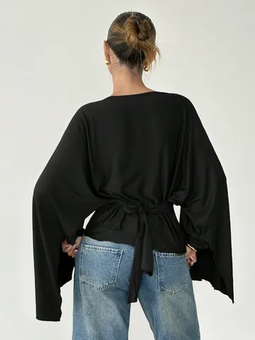 Damen Casual Minimalistisch Einfarbig Langarm Trompetenärmel Bluse Slim Fit Pendeln Rundhals Polyester Hemd