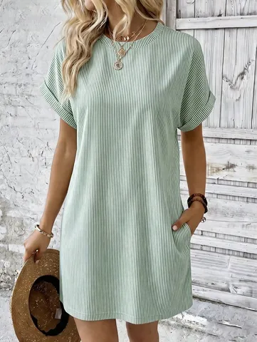 Damen Casual Lockets Gestreiftes Midi Kleid Kurzarm Rundhals Hohe Taille A-Linie Elegantes Sommer Langes Kleid