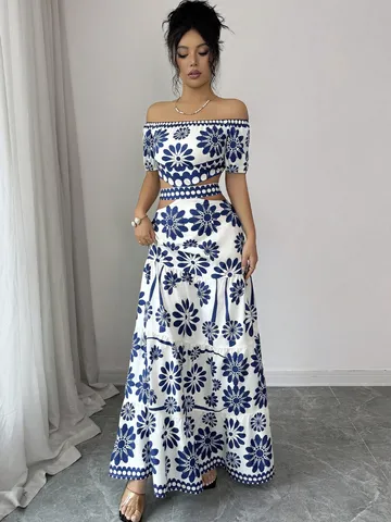 Damen Casual Urlaub Maxikleid Schulterfrei Kurzarm Hohe Taille Ausschnitt Rücken Schleife Langes Kleid Polyester
