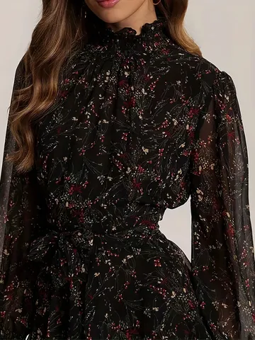 Robe Midi Trapèze Manches Longues Col Montant Femme Élégante Casual Imprimé Floral Coupe Slim Cintrée Style Commuter Vintage