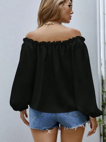 Damen Casual Schulterfreies Langarm Hemd Rüschen Bootausschnitt Einfarbig Locker Pendeln Vielseitiges Top