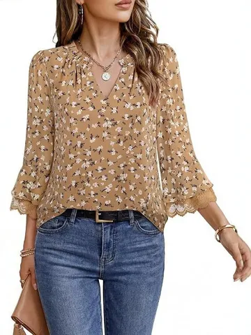 Damen Casual Floral Langarm Bluse V-Ausschnitt Spitzenbesatz Pullover Regular Fit Polyester Mode Pendelshirt