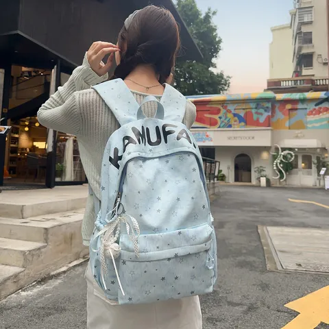 Korean Style Star Print School Backpack For Teen Girls Lightweight Large Capacity Nylon Student Rucksack With Cute Pendant Bag
