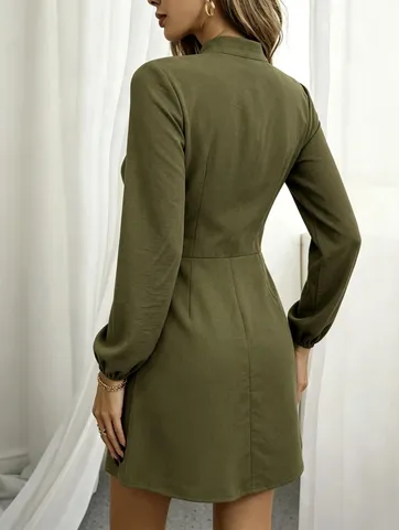 Women Retro Stand Collar Tie Waist A-Line Mini Dress Solid Color Long Sleeve Elegant Vacation Dress for Party Daily Wear