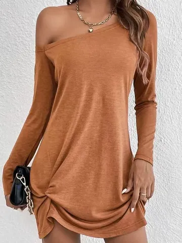 Women Sexy One Shoulder Long Sleeve Dress Polyester Solid Color Knot Slim Fit Bodycon Mini Dress For Party Night Dating