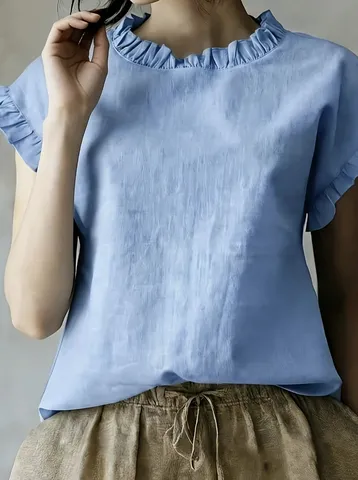 Damen Casual Kurzarm Bluse Rüschenkragen Einfarbig Lose Pendeln Polyester Top