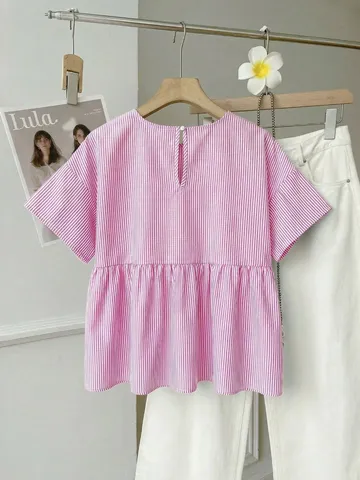 Damen Casual Polyester Gestreift Kurzarm Bluse Bequeme Llose Passform Pendler Top Elegantes Alltägliches Pullover Hemd