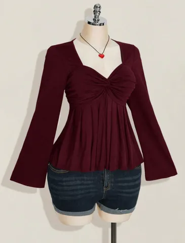 Damen Casual Gestreift V-Ausschnitt Langarm Bluse Mode Slim Fit Pullover Trompetenärmel Top