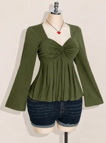 Damen Casual Gestreift V-Ausschnitt Langarm Bluse Mode Slim Fit Pullover Trompetenärmel Top