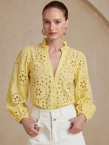 Damen V-Ausschnitt Laternenärmel Bluse Blumenmuster Volant Stehkragen Ajouré Lässig Top Für Büro Damen Elegant Hemd