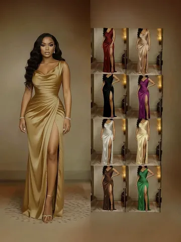 Damen Elegant Wasserfallausschnitt Satin Textur Polyester Maxikleid Schlanke Passform Schlitzsaum Ärmellos Bankett Party Formell Lang Bedruckt Kleid