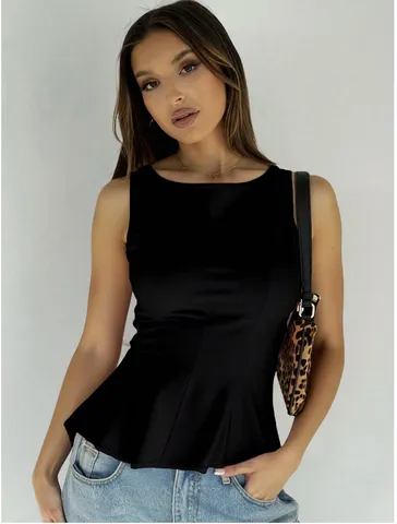 Französischer Stil Damen Ärmelloses Schößchen Top Rundhals Tailliertes Tank Top Elegant Slim Fit Polyester Weste Für Casual Party