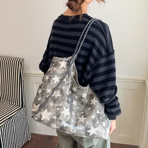 Women Nylon Star Print Tote Bag Large Capacity Casual Simple Shoulder Bag Lazy Style Travel Shopping Bag Foldable Handbag