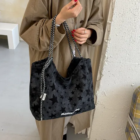 Women Nylon Star Print Tote Bag Large Capacity Casual Simple Shoulder Bag Lazy Style Travel Shopping Bag Foldable Handbag