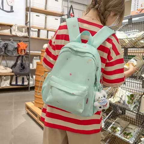 Sac à Dos Scolaire en Nylon Style Ins Japonais Pour Filles Imperméable Broderie Étoile Lune Voyage Étudiant Avec Porte-clés
